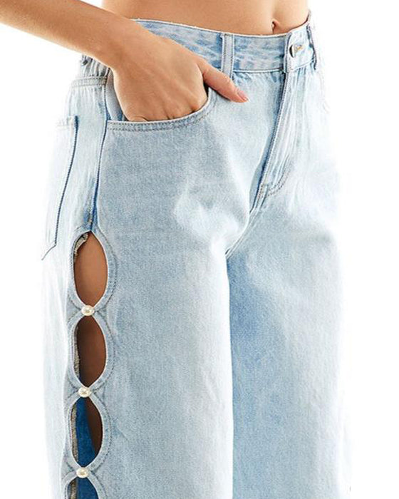 cut out wide leg pearl tini jeans